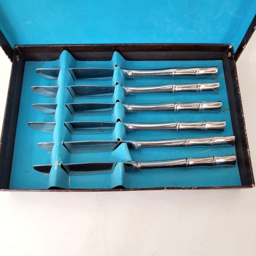 Vintage Stainless Knives with Faux Bamboo Handles Set of Six Boxed - Picture 2 of 9